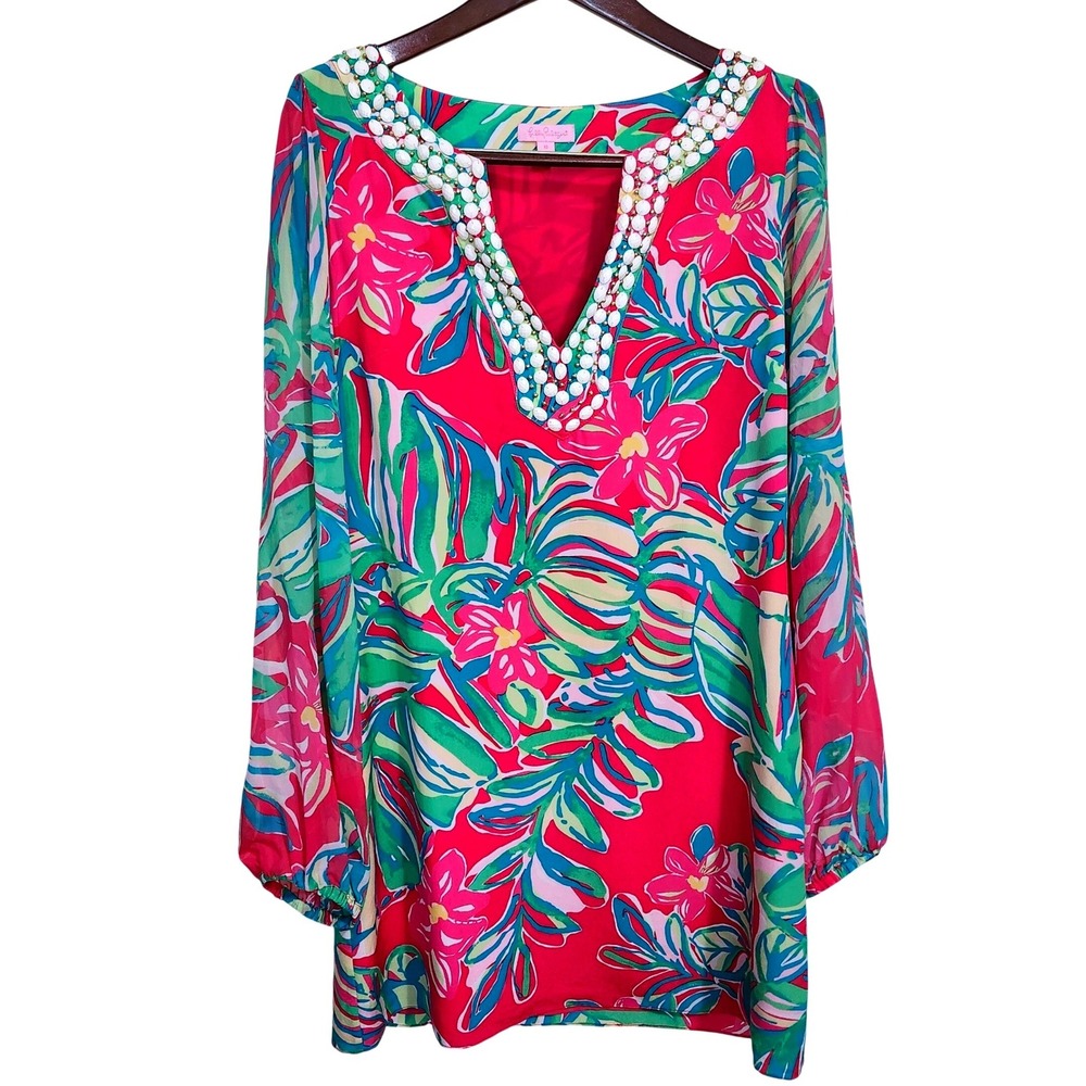 Lilly Pulitzer Seamus Lined Silk Tunic Dress Pomegranate Jungle Tumble Size 10